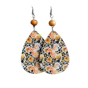 Lightweight Peach Leopard Teardrop Wood Earrings – Boho Floral Statement Jewelry